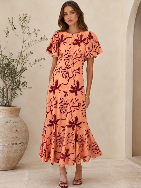 RHODE Dresses & Skirts - RHODE Resort Velvet Burnout Botanical Midi Dress Flutter Sleeve Pink Burgundy